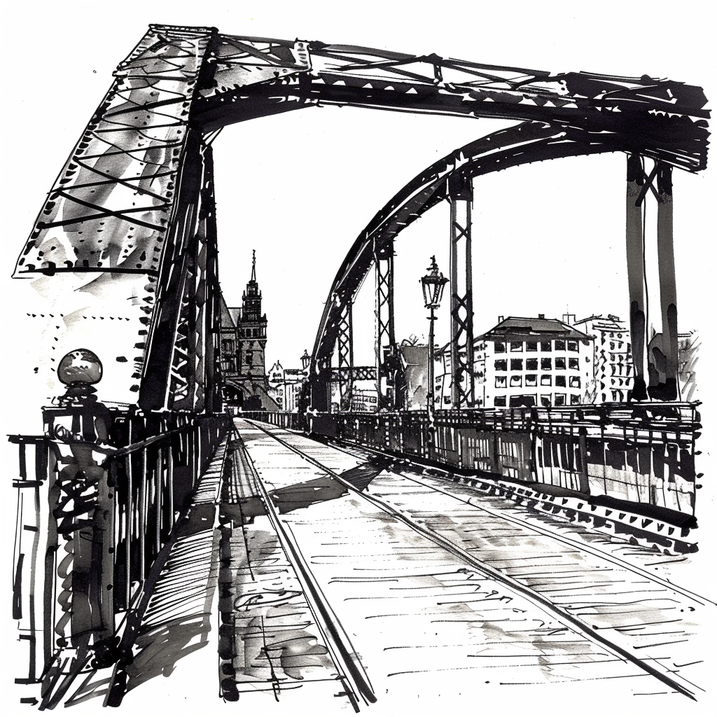 Drawn script sketch, early 1980s, black and white, Glienicker Brücke in Berlin