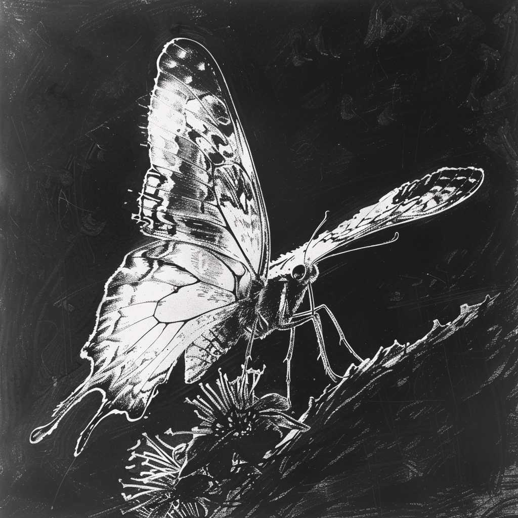 Drawn script sketch, early 1980s, black and white, a butterfly 𝙗𝙮 𝙈𝙞𝙙𝙟𝙤𝙪𝙧𝙣𝙚𝙮/𝙏𝙅