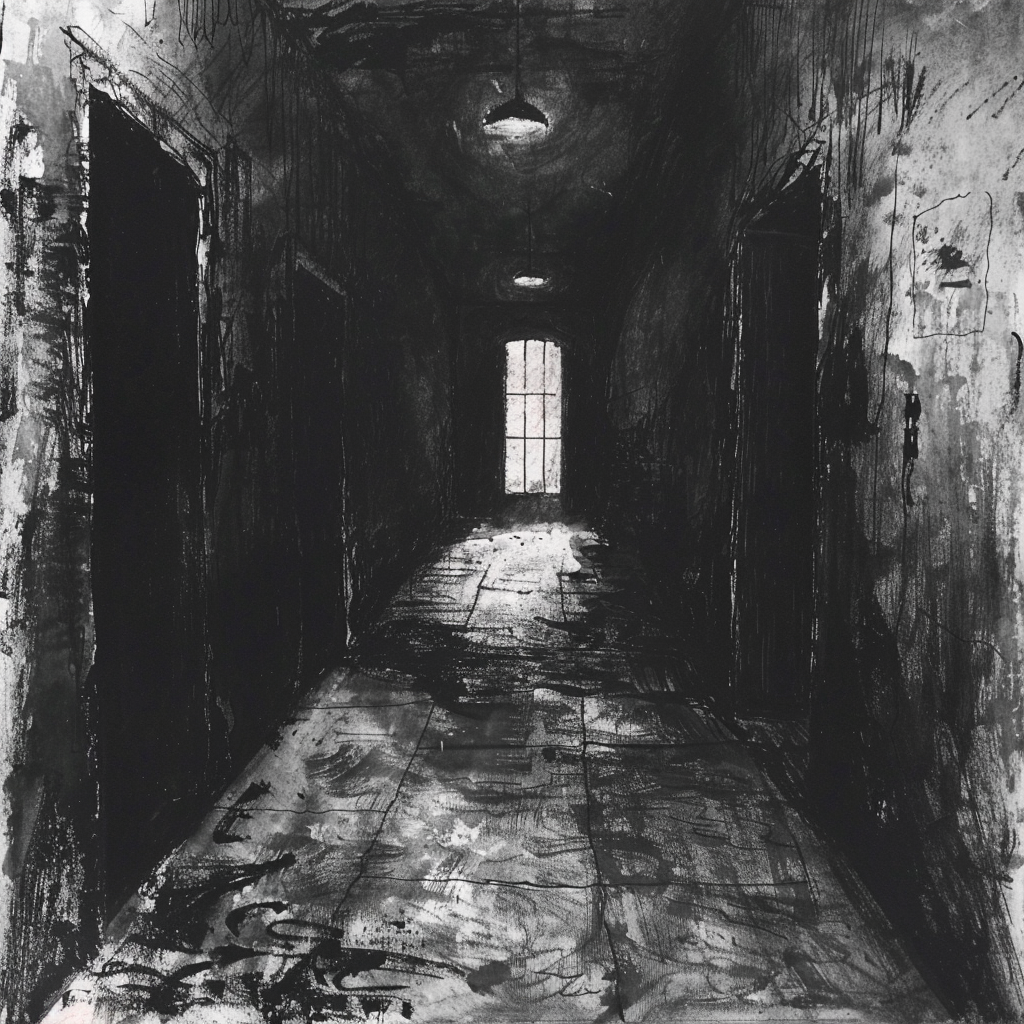 Drawn script sketch, early 1980s, black and white, a dark prison from the inside 𝙗𝙮 𝙈𝙞𝙙𝙟𝙤𝙪𝙧𝙣𝙚𝙮/𝙏𝙅