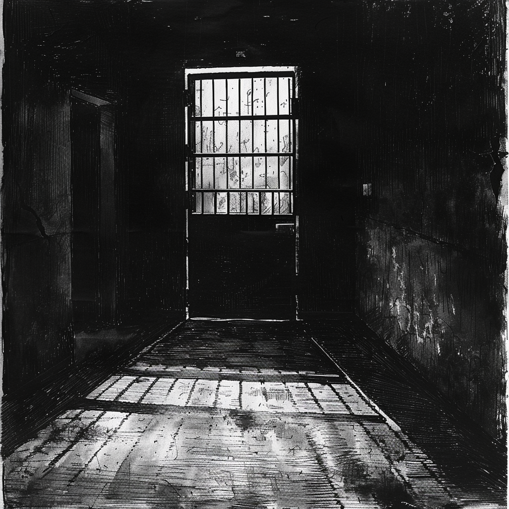 Drawn script sketch, early 1980s, black and white, a heavy cell door in a dark prison 𝙗𝙮 𝙈𝙞𝙙𝙟𝙤𝙪𝙧𝙣𝙚𝙮/𝙏𝙅