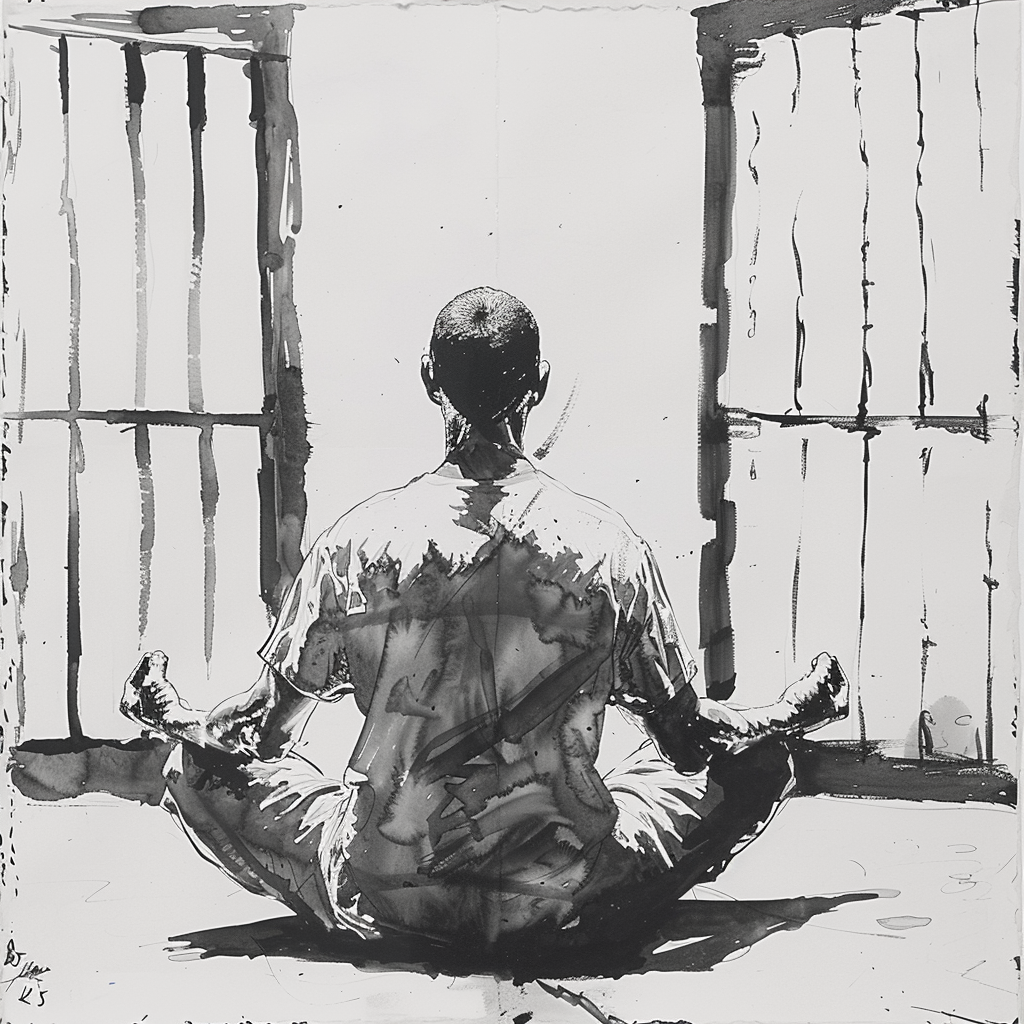 Drawn script sketch, early 1980s, black and white, a meditating prisoner 𝙗𝙮 𝙈𝙞𝙙𝙟𝙤𝙪𝙧𝙣𝙚𝙮/𝙏𝙅