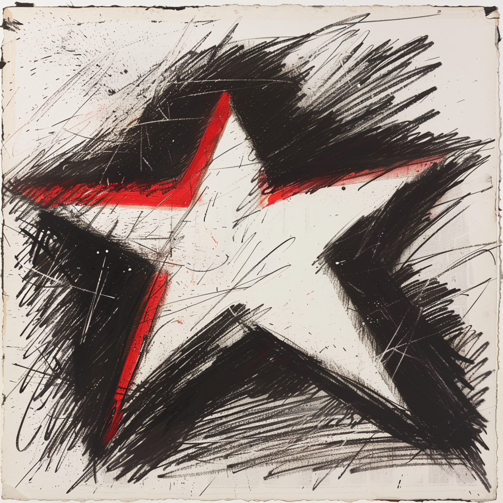 Drawn script sketch, early 1980s, black and white, red star