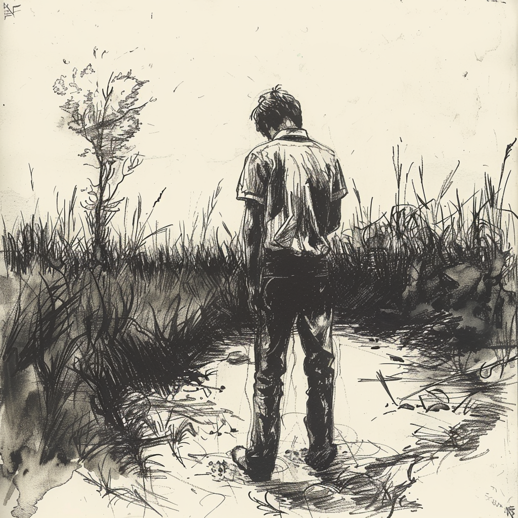 Drawn script sketch, early 1980s, black and white, a teenager peeing in a field 𝙗𝙮 𝙈𝙞𝙙𝙟𝙤𝙪𝙧𝙣𝙚𝙮/𝙏𝙅