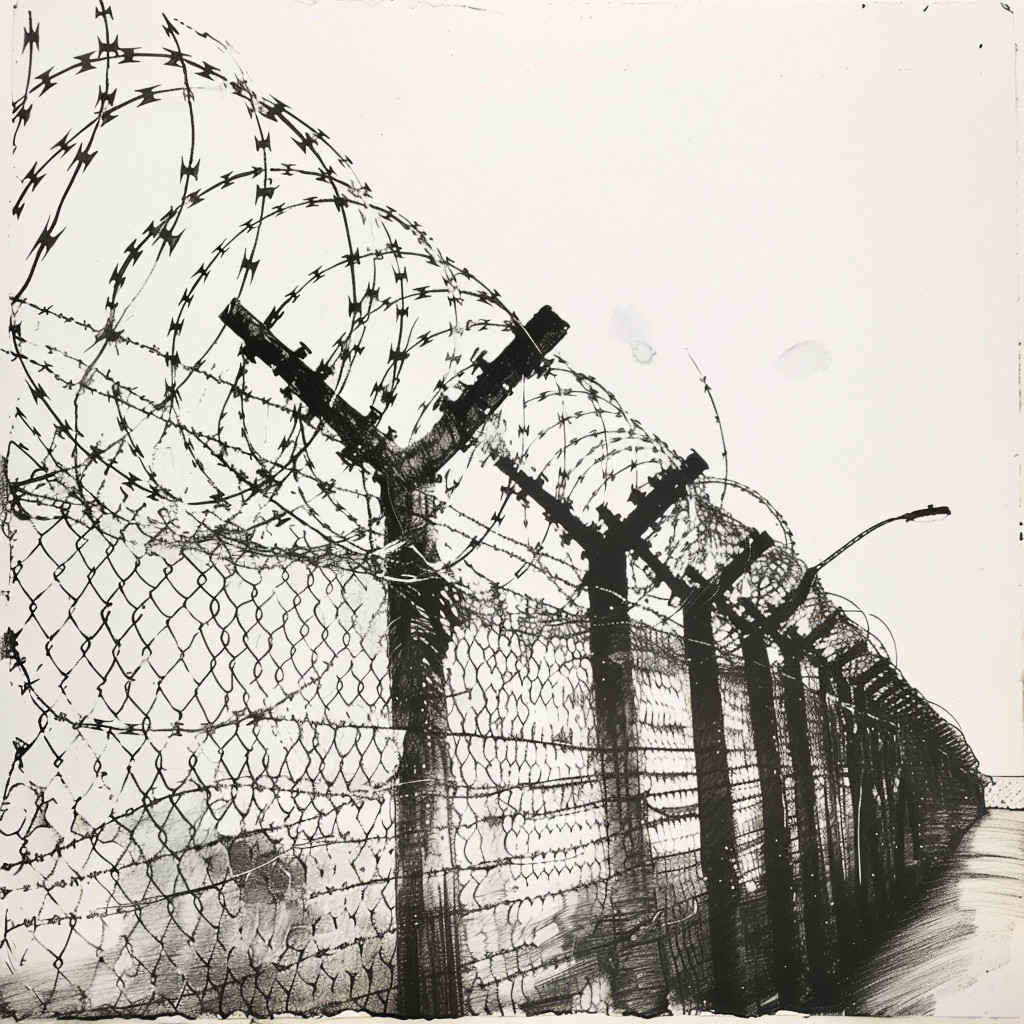 Drawn script sketch, early 1980s, black and white, barbed wire fence 𝙗𝙮 𝙈𝙞𝙙𝙟𝙤𝙪𝙧𝙣𝙚𝙮/𝙏𝙅