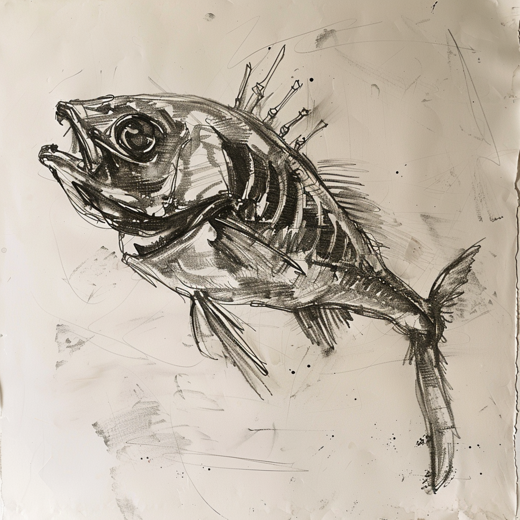 Drawn script sketch, mid-1980s, black and white, a dead fish with bones 𝙗𝙮 𝙈𝙞𝙙𝙟𝙤𝙪𝙧𝙣𝙚𝙮/𝙏𝙅