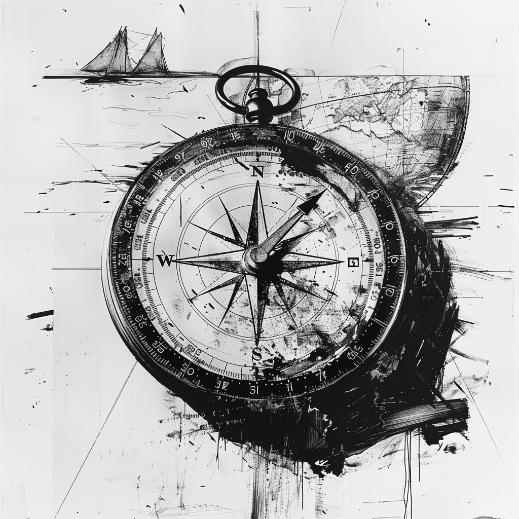 Drawn script sketch, early 1980s, black and white, a compass pointing to the west 𝙗𝙮 𝙈𝙞𝙙𝙟𝙤𝙪𝙧𝙣𝙚𝙮/𝙏𝙅