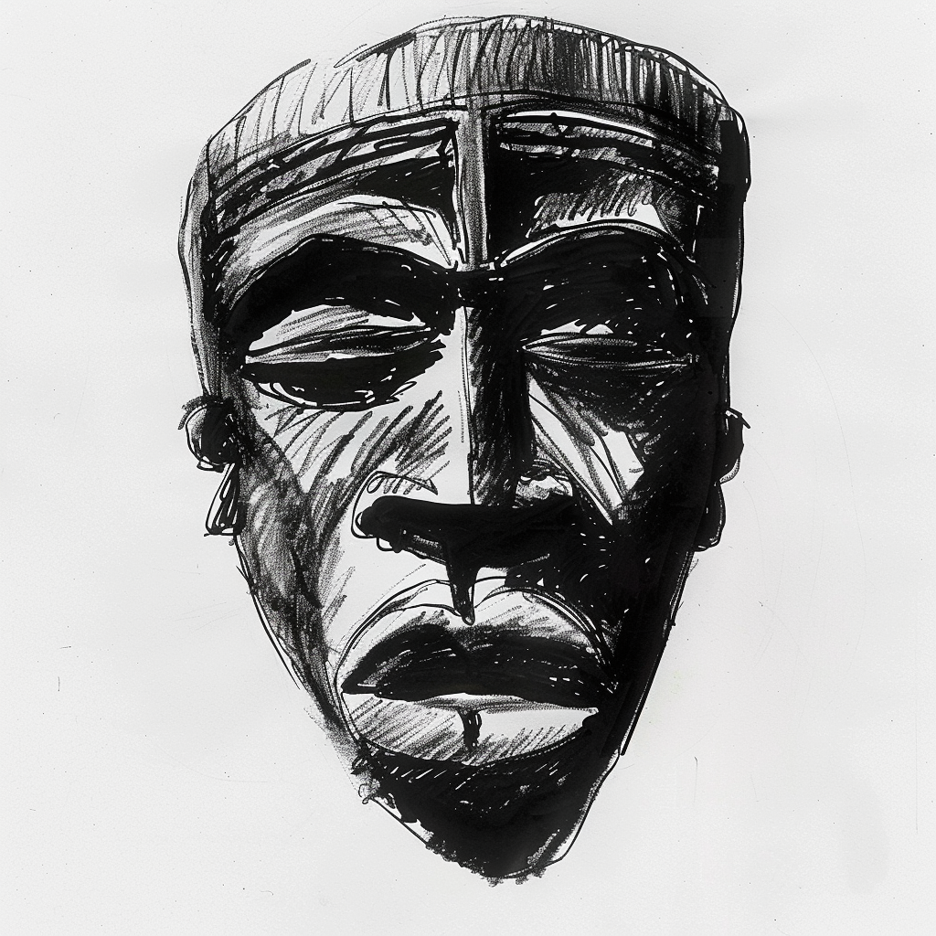 Drawn script sketch, early 1980s, black and white, evil-looking African mask 𝙗𝙮 𝙈𝙞𝙙𝙟𝙤𝙪𝙧𝙣𝙚𝙮/𝙏𝙅