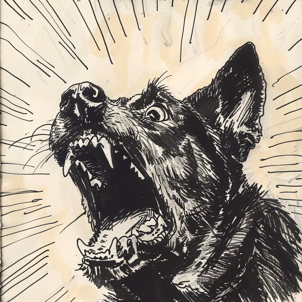 Drawn script sketch, early 1980s, black and white, an angry yapping police dog 𝙗𝙮 𝙈𝙞𝙙𝙟𝙤𝙪𝙧𝙣𝙚𝙮/𝙏𝙅