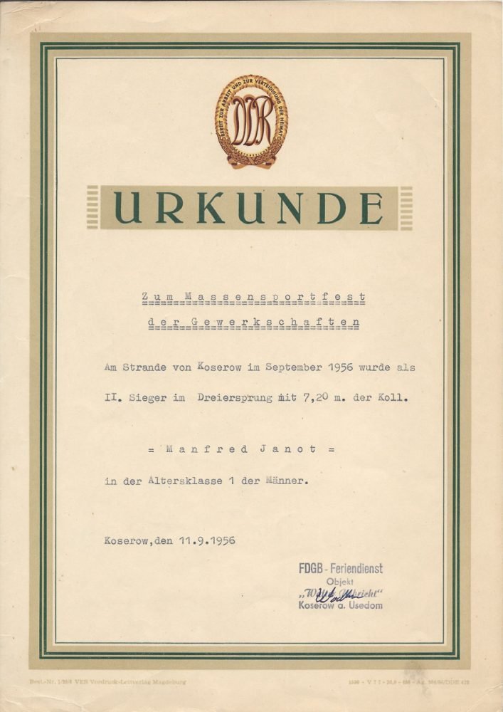Urkunde zum Massensportfest der Gewerkschaften (1956)