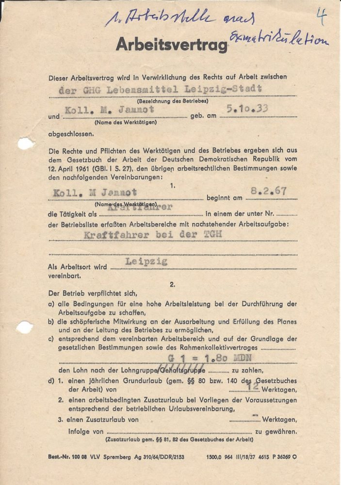 Arbeitsvertrag der Großhandelsgesellschaft (GHG) Lebensmittel Leipzig-Stadt (1967), Seite 1/2