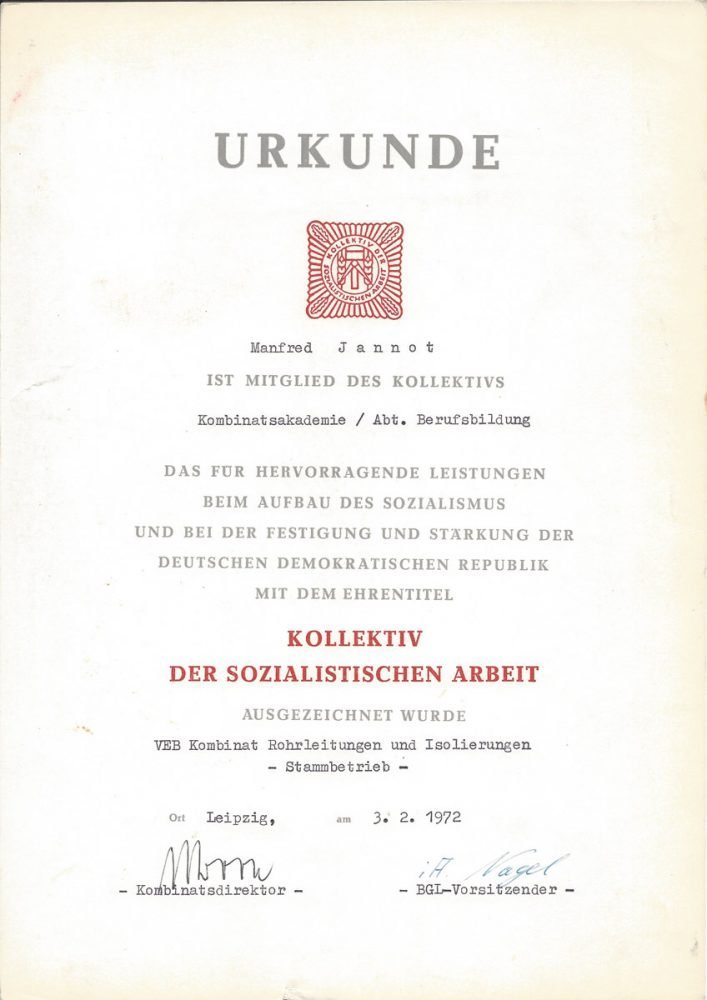 Urkunde für hervorragende Leistung beim Aufbau des Sozialismus (1972)