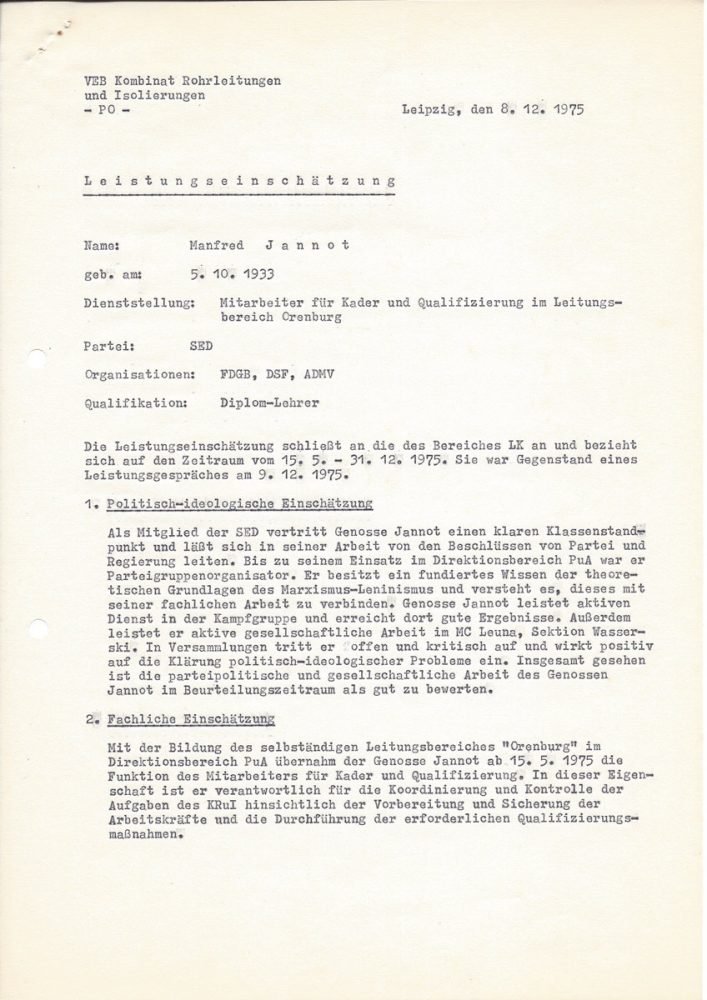 Leistungseinschätzung Volkseigenen Betrieb (VEB) Kombinat Rohrleitungen und Isolierungen (1975), Seite 1/2