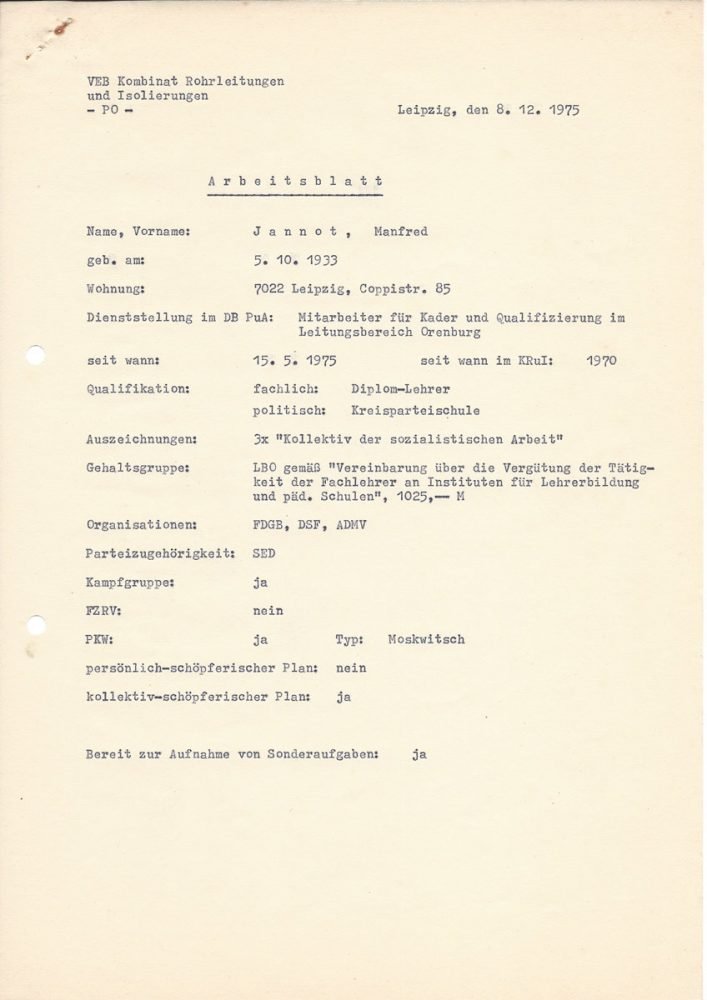 Arbeitsblatt Volkseigenen Betrieb (VEB) Kombinat Rohrleitungen und Isolierungen (1975)