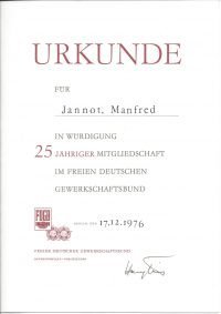 Urkunde für 25-jährige Mitgliedschaft im Freien Deutschen Gewerkschaftsbund (FDGB, 1976)