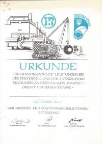 Urkunde für hervorragende Leistungen bei der Fertigstellung der 5 Verdichterstationen am Zentralen Jugendobjekt „Drushba-Trasse“ (1978)