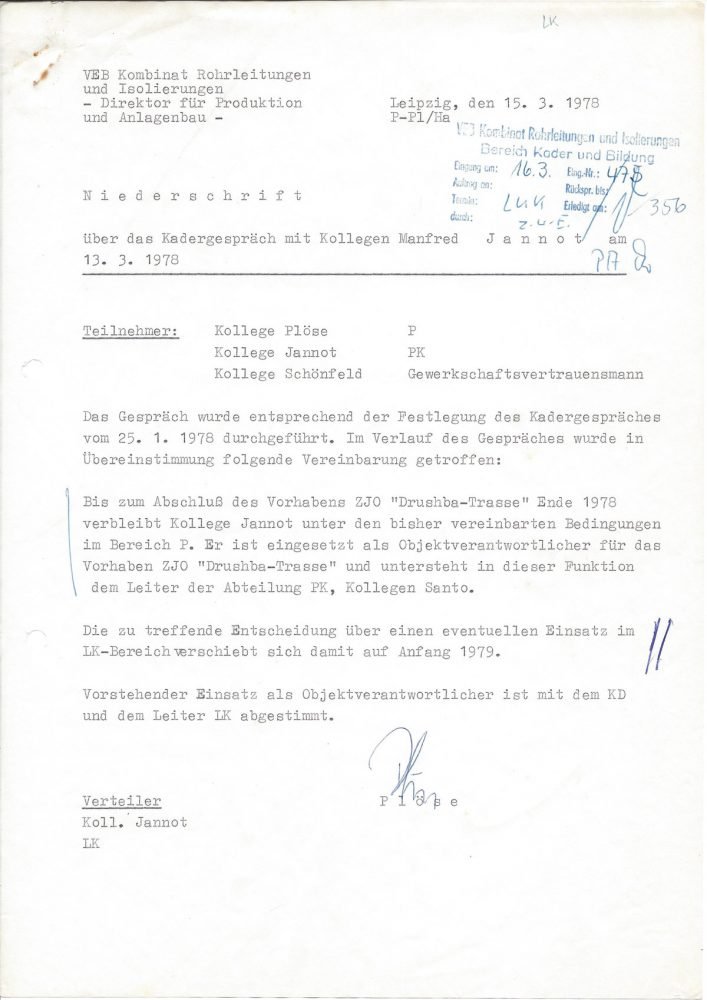 Niederschrift über Kadergespräch vom VEB Kombinat Rohrleitungen und Isolierungen (1978)