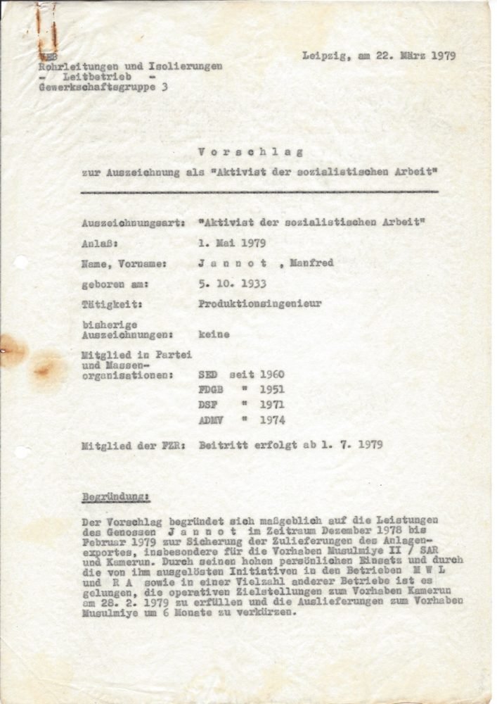 Vorschlag zur Auszeichnung als „Aktivist der sozialistischen Arbeit“ (1979), Seite 1/2