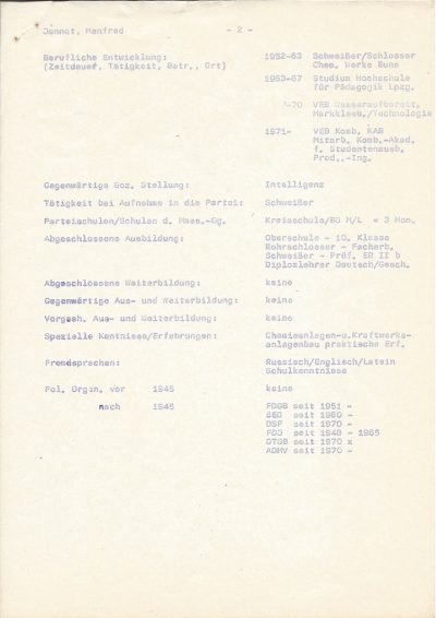 Kurzbiographie in den Akten der SED-Stadtbezirksleitung Leipzig-Nord (1979), Seite 2/4