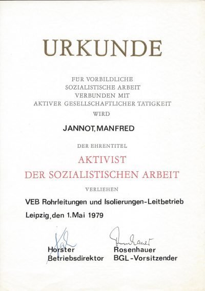 Urkunde zum Ehrentitel „Aktivist der sozialistischen Arbeit“ (1979)