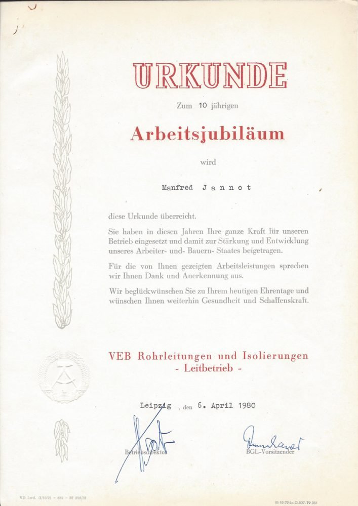 Urkunde zum 10-jährigen Arbeitsjubiläum (1980)