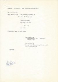 Abschrift (1986) aus Facharbeiterzeugnis zur Prüfung als Rohrschlosser (1956)