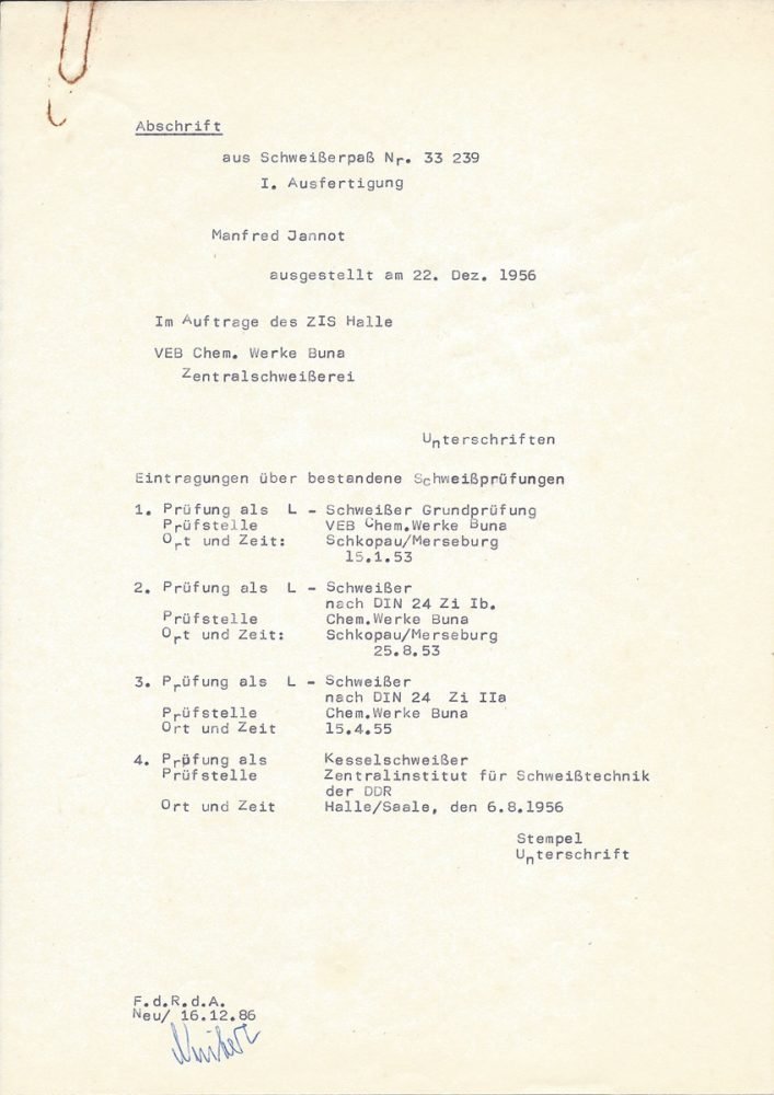 Abschrift (1986) aus Schweißerpass mit Qualifikationen zum Schweißer (2x 1953, 1x 1955) und Kesselschweißer (1956)