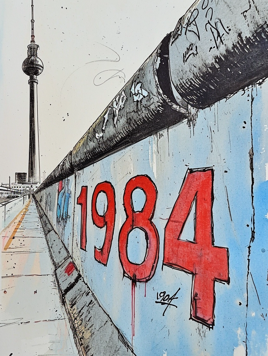 Short section of the Berlin Wall, on the wall the numbers "1984" in very large letters as graffiti, somewhere the Berlin TV tower, in courtroom sketch style, slightly colored