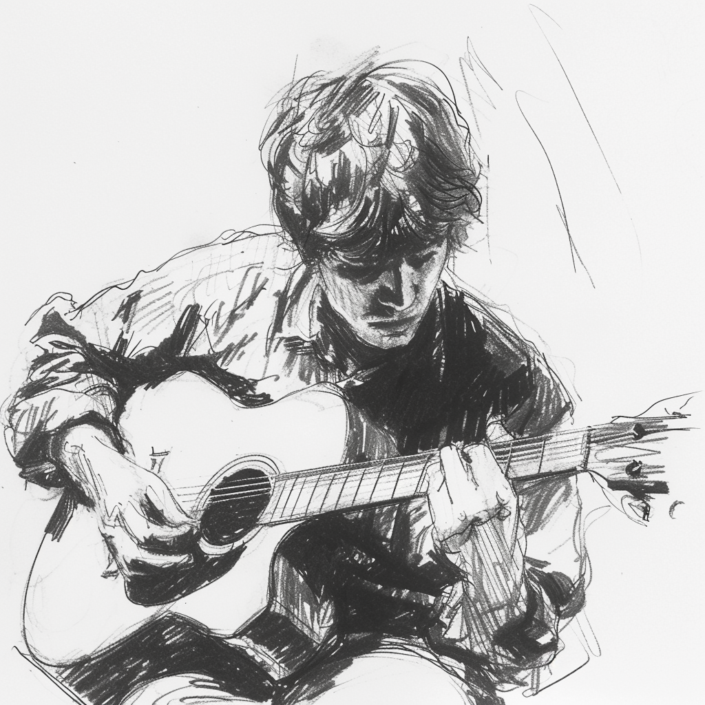 Drawn script sketch, black and white, early 1980s, Reinhard Mey with guitar 𝙗𝙮 𝙈𝙞𝙙𝙟𝙤𝙪𝙧𝙣𝙚𝙮/𝙏𝙅