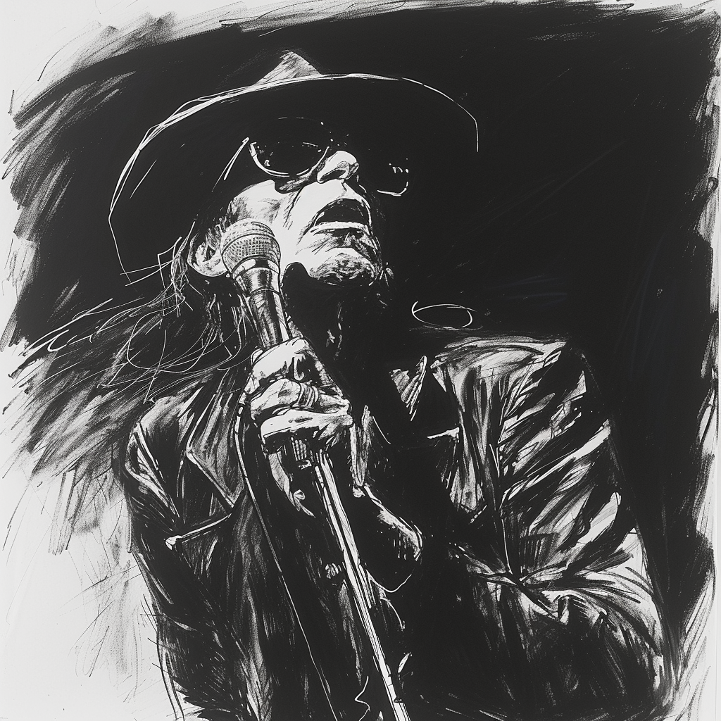 Drawn script sketch, black and white, early 1980s, Udo Lindenberg with microphone 𝙗𝙮 𝙈𝙞𝙙𝙟𝙤𝙪𝙧𝙣𝙚𝙮/𝙏𝙅