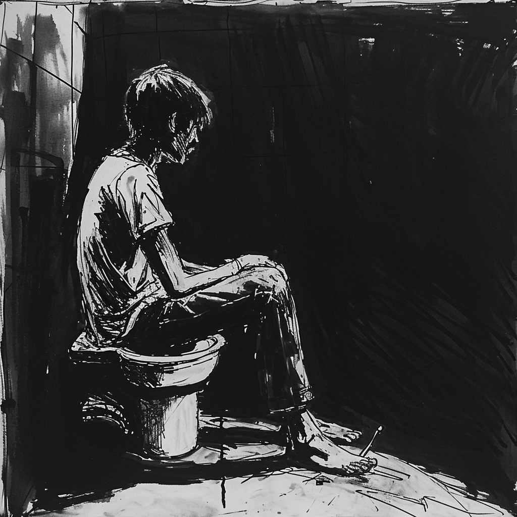 Drawn script sketch, black and white, early 1980s, a teenager from the side, sitting on the toilet in the corner of a dark prison cell 𝙗𝙮 𝙈𝙞𝙙𝙟𝙤𝙪𝙧𝙣𝙚𝙮/𝙏𝙅