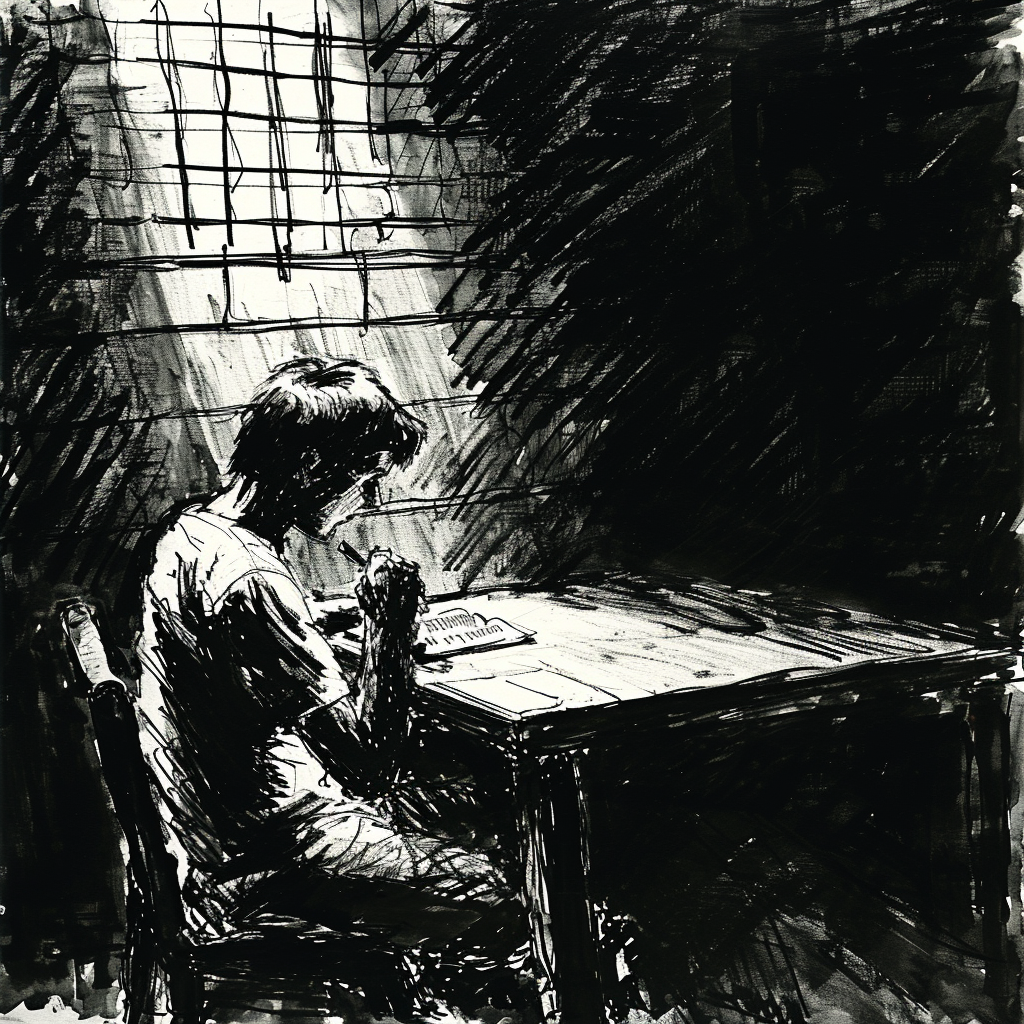 Drawn script sketch, black and white, early 1980s, a teenager writes a letter at a table in a dark prison cell 𝙗𝙮 𝙈𝙞𝙙𝙟𝙤𝙪𝙧𝙣𝙚𝙮/𝙏𝙅