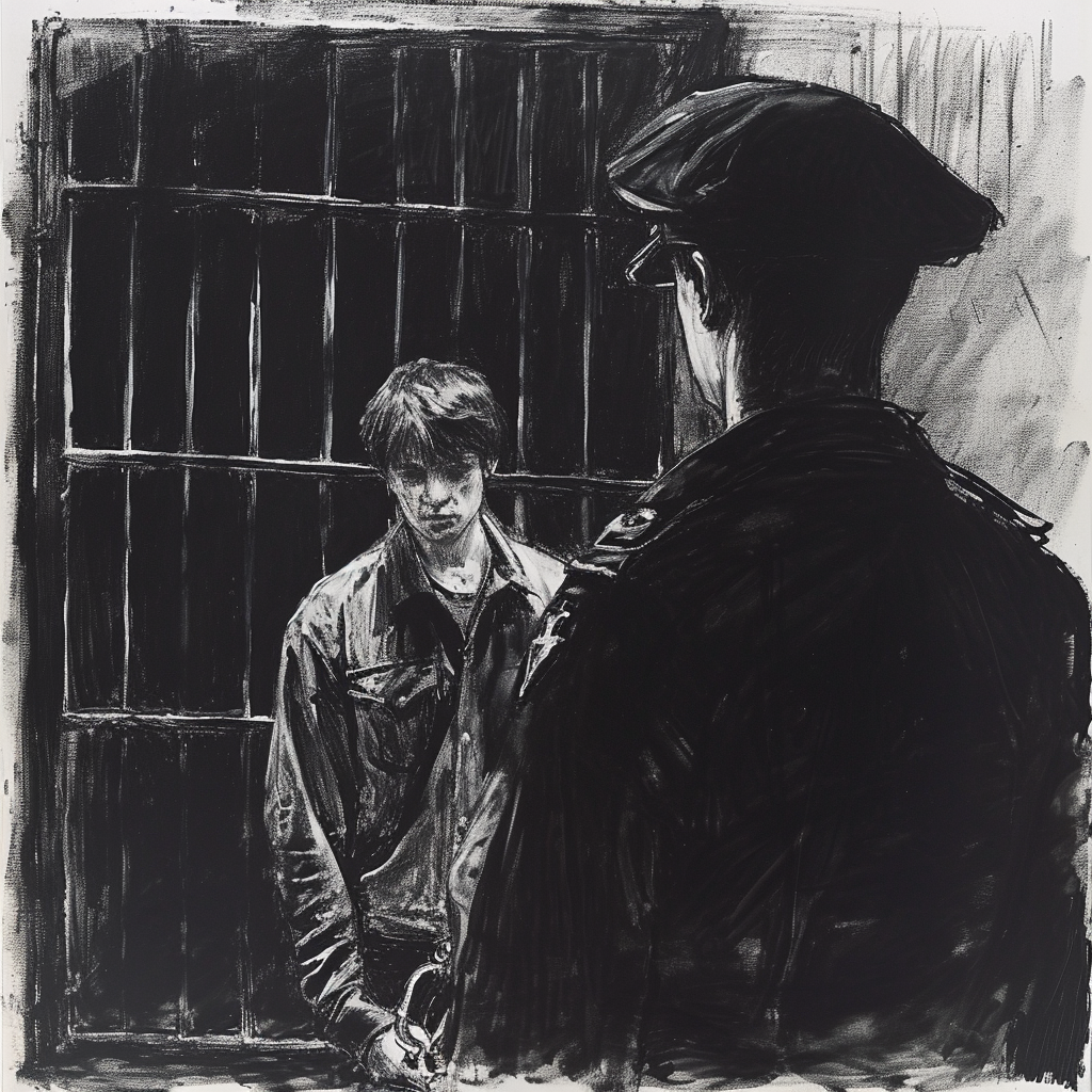 Drawn script sketch, black and white, early 1980s, dark prison, in the foreground a prison guard in a dark uniform with a peaked cap, in the background a teenager handcuffed by the wrist 𝙗𝙮 𝙈𝙞𝙙𝙟𝙤𝙪𝙧𝙣𝙚𝙮/𝙏𝙅