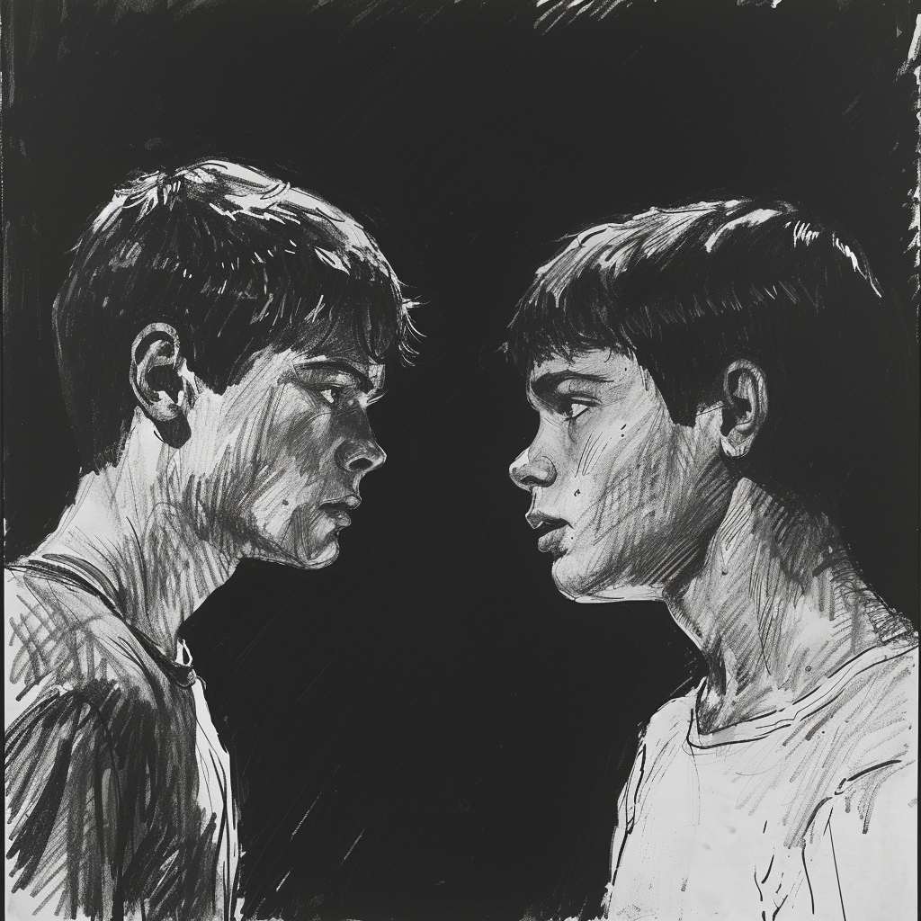 Drawn script sketch, black and white, early 1980s, dark room, two teenagers, both male, one taller than the other, gazing angrily into each other's eyes 𝙗𝙮 𝙈𝙞𝙙𝙟𝙤𝙪𝙧𝙣𝙚𝙮/𝙏𝙅