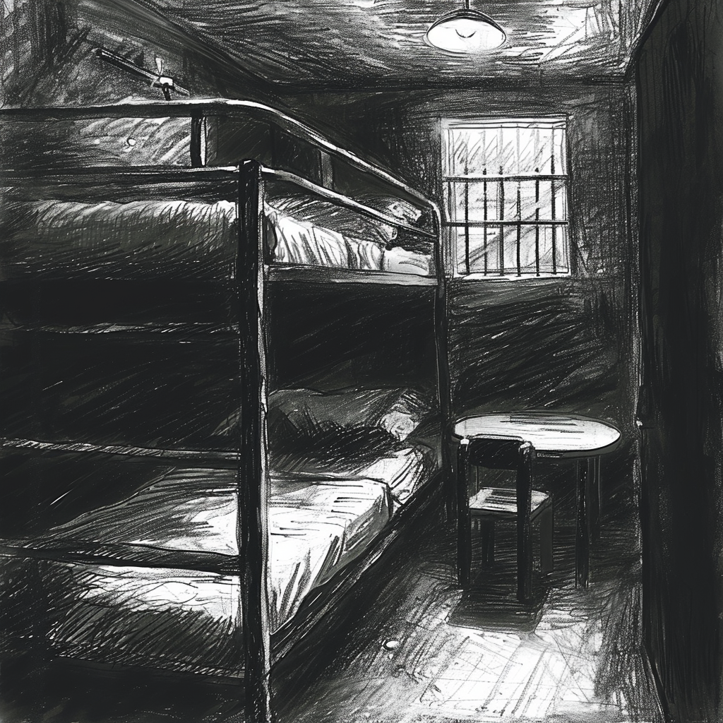 Drawn script sketch, black and white, early 1980s, very narrow dark prison cell at night, on the left a double bunk bed without railing, on the right a small table with two chairs, in the background a small barred window 𝙗𝙮 𝙈𝙞𝙙𝙟𝙤𝙪𝙧𝙣𝙚𝙮/𝙏𝙅