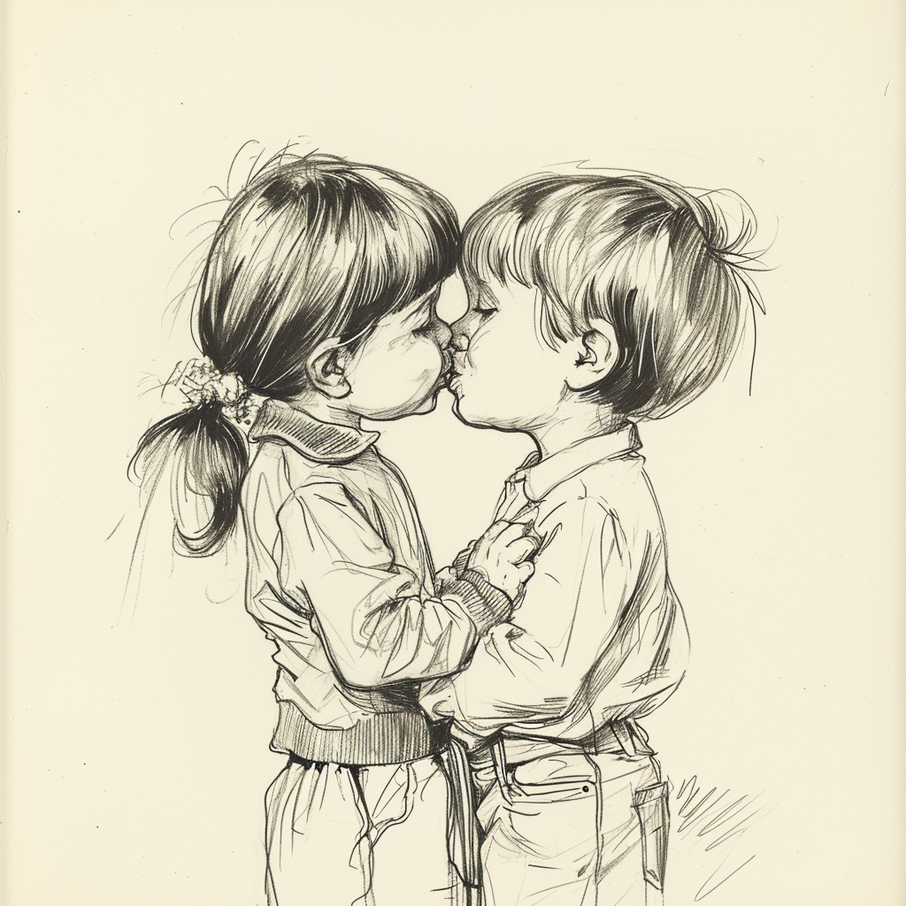 Drawn script sketch, mid-1970s, cute girl and little boy kissing 𝙗𝙮 𝙈𝙞𝙙𝙟𝙤𝙪𝙧𝙣𝙚𝙮/𝙏𝙅