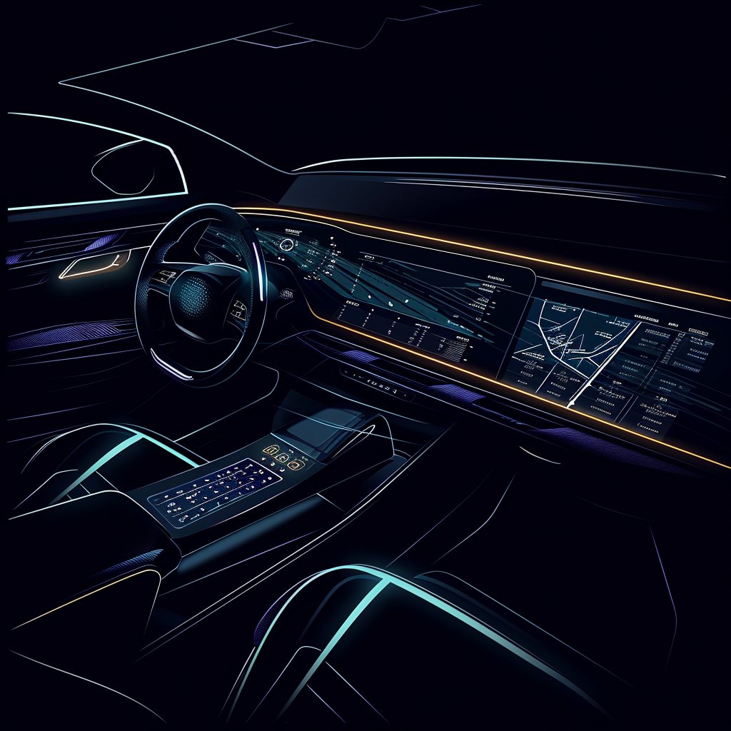 Drawn script sketch, ultra-modern car dashboard at night 𝙗𝙮 𝙈𝙞𝙙𝙟𝙤𝙪𝙧𝙣𝙚𝙮/𝙏𝙅