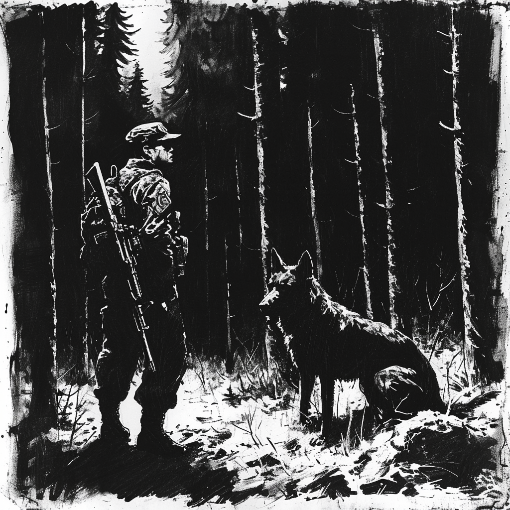 Drawn script sketch, black and white, early 1980s, dark forest, a border soldier and a guard dog 𝙗𝙮 𝙈𝙞𝙙𝙟𝙤𝙪𝙧𝙣𝙚𝙮/𝙏𝙅