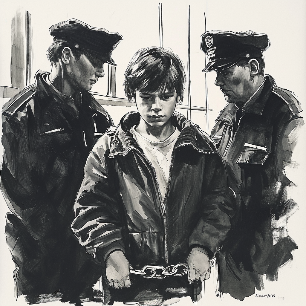 police officers in dark uniforms, both wearing police caps, at a train station in East Germany in short handcuffs, courtroom sketch artist style 𝙗𝙮 𝙈𝙞𝙙𝙟𝙤𝙪𝙧𝙣𝙚𝙮/𝙏𝙅