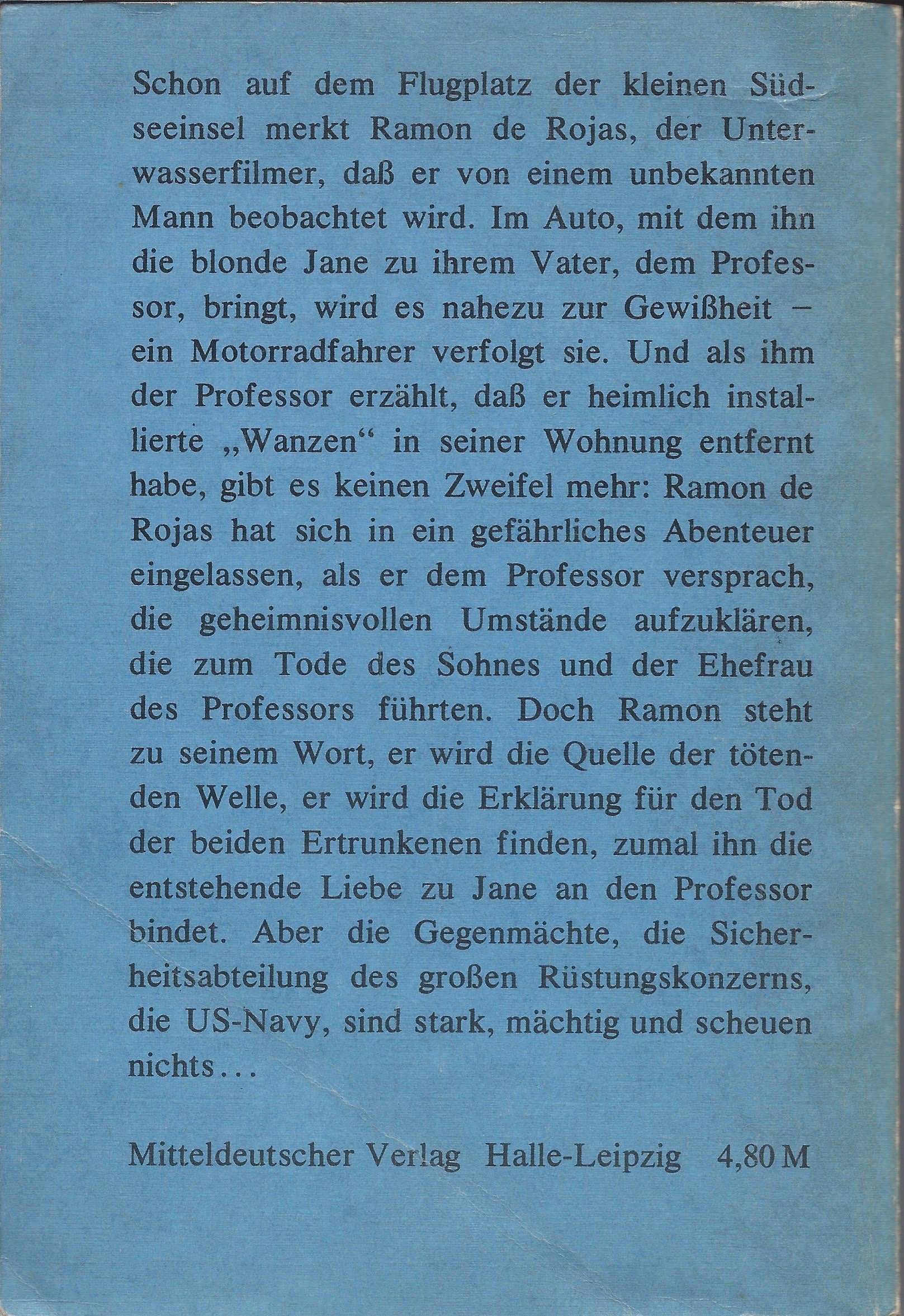Authentische Rückseite vom Buch "Die tötende Welle" von Otto Bonhoff, Mitteldeutscher Verlag Halle-Leipzig, 1979