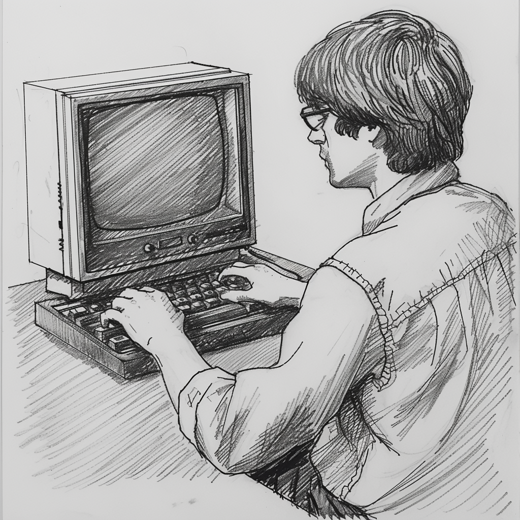 Drawn script sketch, black and white, 1984, Macintosh Computer 1984 𝙗𝙮 𝙈𝙞𝙙𝙟𝙤𝙪𝙧𝙣𝙚𝙮/𝙏𝙅