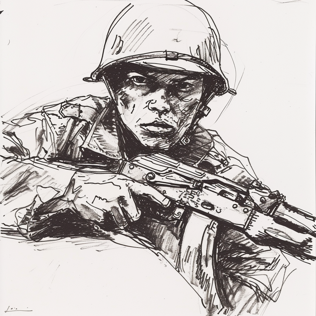 Drawn script sketch, black and white, early 1980s, GDR soldier with steel helmet and Kalashnikov 𝙗𝙮 𝙈𝙞𝙙𝙟𝙤𝙪𝙧𝙣𝙚𝙮/𝙏𝙅