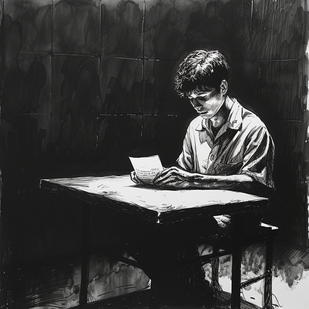 Drawn script sketch, black and white, early 1980s, a teenager reads a letter at a table in a dark prison cell 𝙗𝙮 𝙈𝙞𝙙𝙟𝙤𝙪𝙧𝙣𝙚𝙮/𝙏𝙅