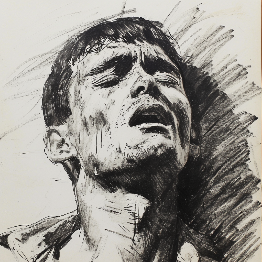 Drawn script sketch, black and white, early 1980s, young prisoner with tears in his eyes 𝙗𝙮 𝙈𝙞𝙙𝙟𝙤𝙪𝙧𝙣𝙚𝙮/𝙏𝙅