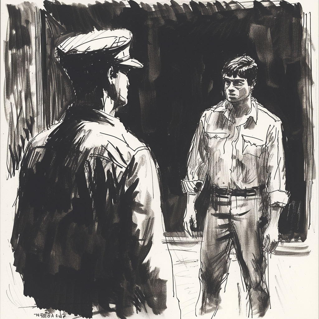Drawn script sketch, black and white, early 1980s, young recruit being harassed in front of an officer 𝙗𝙮 𝙈𝙞𝙙𝙟𝙤𝙪𝙧𝙣𝙚𝙮/𝙏𝙅