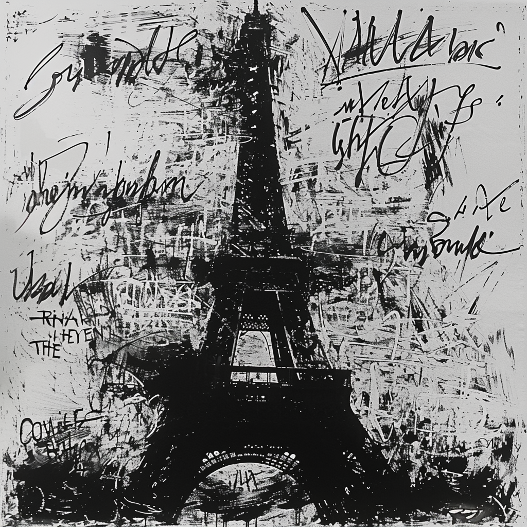 Drawn script sketch, early 1980s, black and white, Eiffel Tower 𝙗𝙮 𝙈𝙞𝙙𝙟𝙤𝙪𝙧𝙣𝙚𝙮/𝙏𝙅