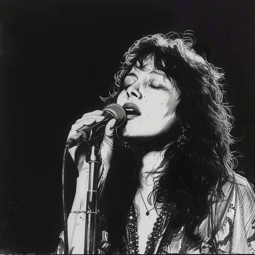 Drawn script sketch, early 1980s, black and white, Ute Freudenberg singing at microphone 𝙗𝙮 𝙈𝙞𝙙𝙟𝙤𝙪𝙧𝙣𝙚𝙮/𝙏𝙅