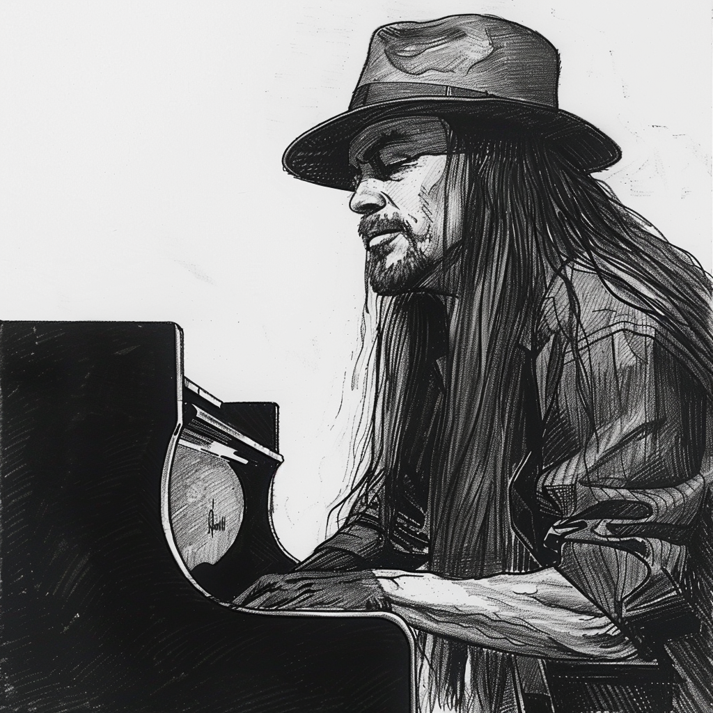 Drawn script sketch, early 1980s, black and white, singer-songwriter Reinhard Lakomy with long hair, goatee and hat at the piano 𝙗𝙮 𝙈𝙞𝙙𝙟𝙤𝙪𝙧𝙣𝙚𝙮/𝙏𝙅