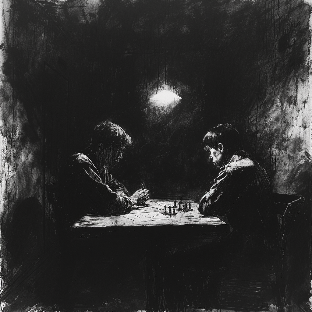 Drawn sketch, black and white, early 1980s, dark prison cell, two teenagers sitting at a table working with small plugs 𝙗𝙮 𝙈𝙞𝙙𝙟𝙤𝙪𝙧𝙣𝙚𝙮/𝙏𝙅