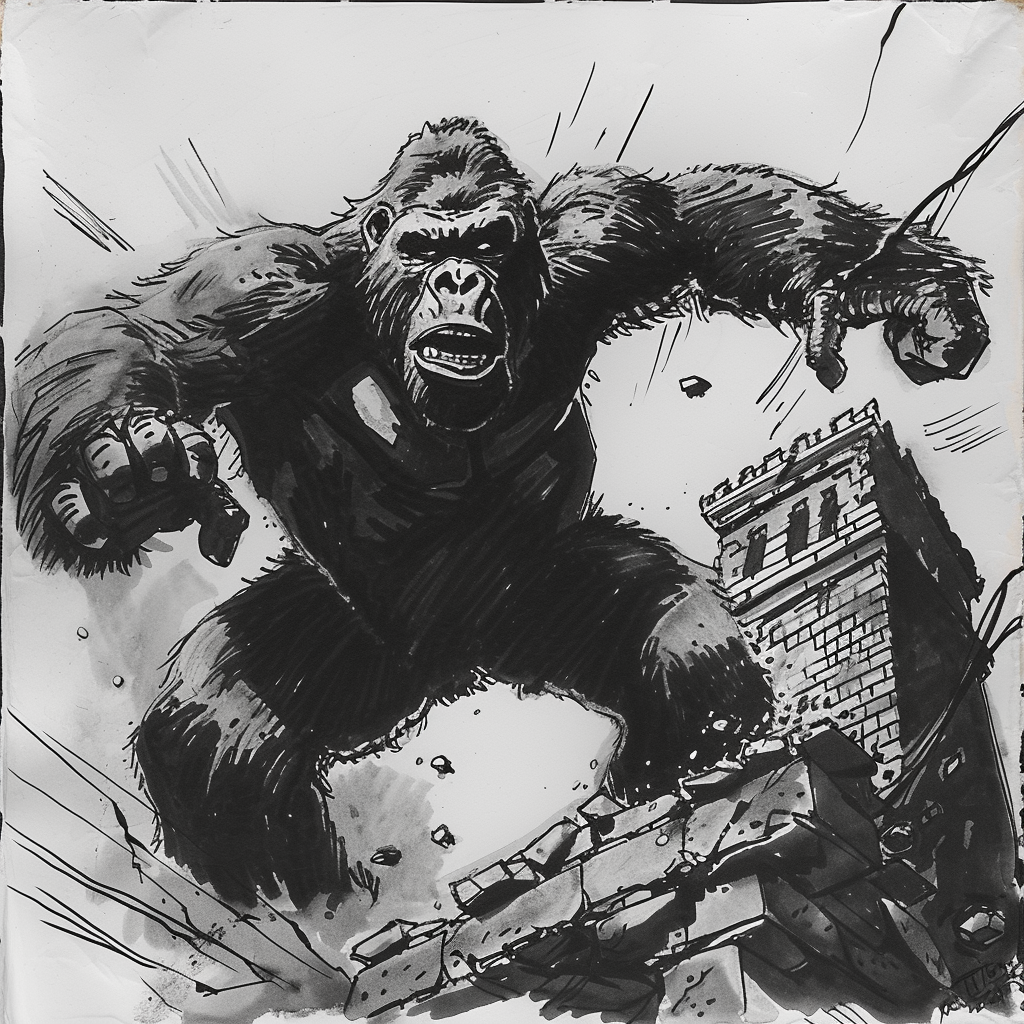 Drawn script sketch, black and white, early 1980s, King Kong in action 𝙗𝙮 𝙈𝙞𝙙𝙟𝙤𝙪𝙧𝙣𝙚𝙮/𝙏𝙅