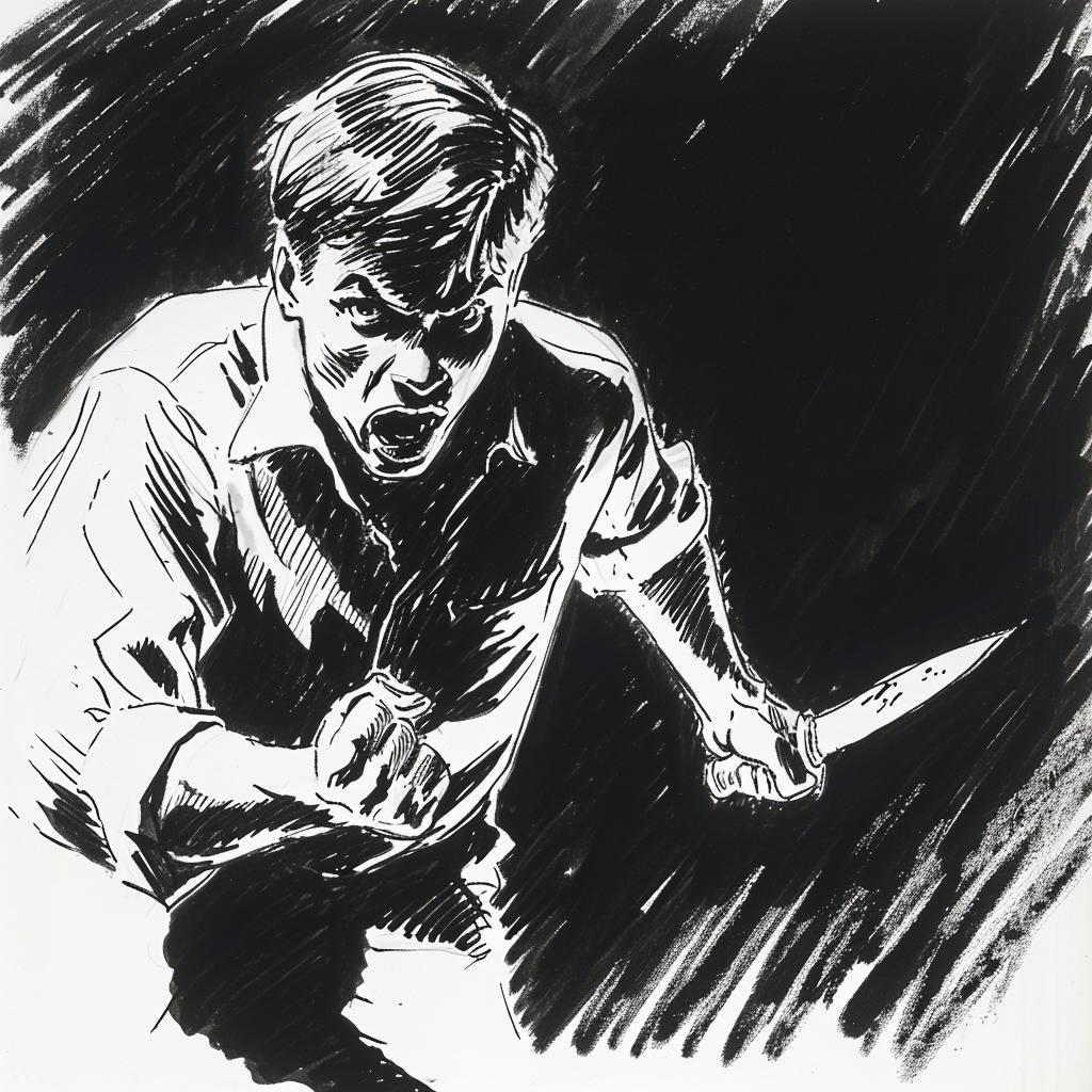 Drawn script sketch, black and white, early 1930s, an evil teenager in the dark threatening with a knife 𝙗𝙮 𝙈𝙞𝙙𝙟𝙤𝙪𝙧𝙣𝙚𝙮/𝙏𝙅